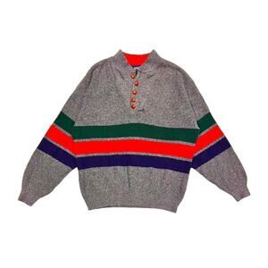 ★ Lands End Vintage Henley Grey Button Classic USA Stripe Pullover Sweater ★